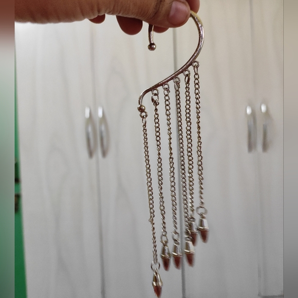 Vintage Jewelry - Silver ear cuffs with dangling chains and spikes.